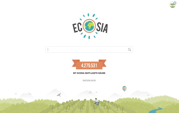 Suchmaschine, die Bäume pflanzt: Ecosia - Foto: www.ecosia.org (Screenshot)