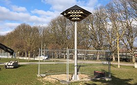 Ein Mitarbeiter installiert das Mehlschwalbenhaus im Sonenlicht mit Klangattrappe