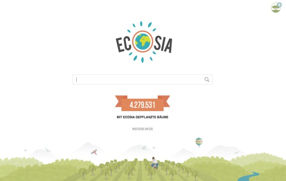 Suchmaschine, die Bäume pflanzt: Ecosia - Foto: www.ecosia.org (Screenshot)
